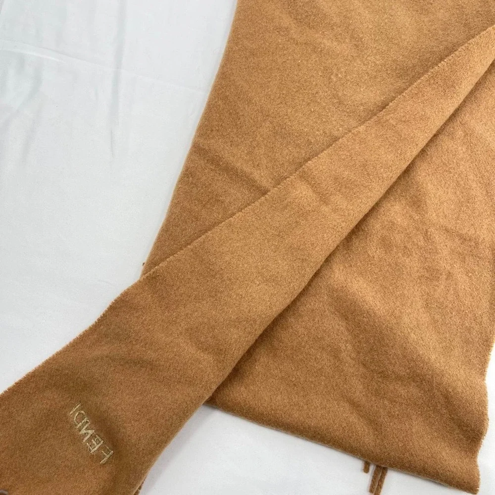Vintage 90s Fendi Brown Wool Tassel Scarf Archival Embroidered Fall Quiet Luxury